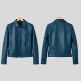A dark teal blue faux leather jacket shown from both the front and back views, hanging on wooden hangers against a solid light gray background.