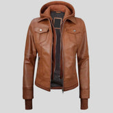 Women's brown vintage leather bomber jacket, front view