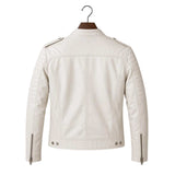 An off-white faux leather motorcycle jacket shown from the back, hanging on a wooden hanger against a plain white background.
