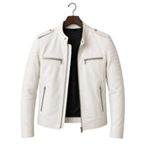 Women's premium white cafe racer leather jacket, front view