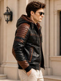 Men's Black & Brown Hooded Leather Motorcycle Jacket | Sherpa Lined Cafe Racer | Premium Winter Outerwear