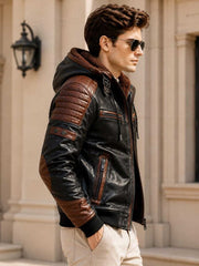 Men's Black & Brown Hooded Leather Motorcycle Jacket | Sherpa Lined Cafe Racer | Premium Winter Outerwear