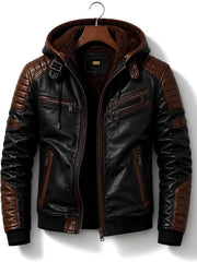 Men's Black & Brown Hooded Leather Motorcycle Jacket | Sherpa Lined Cafe Racer | Premium Winter Outerwear