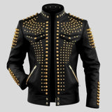 Men's black genuine leather jacket with gold studs back view — full gold stud coverage by Zarcab