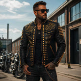 Men's black leather biker jacket with gold studs front view — luxury gold stud detailing and military stand collar