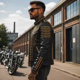 Men's black leather rockstar jacket with gold studs side view — slim fit silhouette by Zarcab
