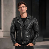 Men's black studded leather biker jacket front view — punk rock stud detailing and asymmetrical zipper closure