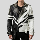 Men's black and white studded leather biker jacket front view — hand-applied studs and asymmetric zipper closure