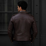 Men's Brown Studded Leather Biker Jacket | Slim Fit Punk Moto Style | Premium Genuine Leather