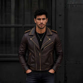 Men's Brown Studded Leather Biker Jacket | Slim Fit Punk Moto Style | Premium Genuine Leather