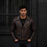 Men's Brown Studded Leather Biker Jacket | Slim Fit Punk Moto Style | Premium Genuine Leather