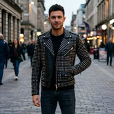 Men's black studded leather biker jacket with silver stud detailing, front view