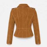 Women's brown suede moto jacket back side view