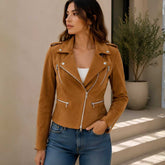 Women's brown suede moto jacket front view — zipper and button closure
