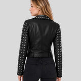 Women's black genuine leather biker jacket back view — slim cropped fit silhouette by Zarcab