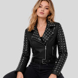 Women's black studded leather biker jacket side view — adjustable waist belt and slim fit profile