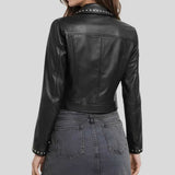 Women's black genuine sheepskin leather shirt jacket back view — slim fit silhouette by Zarcab