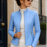 Women's Sky Blue Leather Jacket | Slim Fit Moto Biker Style | Premium Casual Outerwear