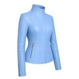 Women's Sky Blue Leather Jacket | Slim Fit Moto Biker Style | Premium Casual Outerwear