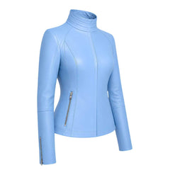Women's Sky Blue Leather Jacket | Slim Fit Moto Biker Style | Premium Casual Outerwear