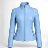 Women's Sky Blue Leather Jacket | Slim Fit Moto Biker Style | Premium Casual Outerwear