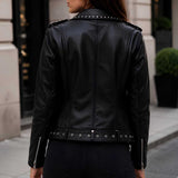 Women's Studded Black Leather Biker Jacket | Vintage Punk Moto Style | Premium Genuine Leather