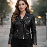 Women's Studded Black Leather Biker Jacket | Vintage Punk Moto Style