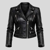 Women's Studded Black Leather Biker Jacket | Vintage Punk Moto Style