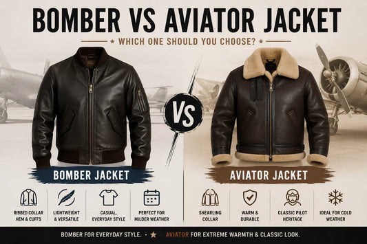 Bomber vs aviator jacket comparison showing the key differences in design, warmth, collar style, fit, and everyday wear.