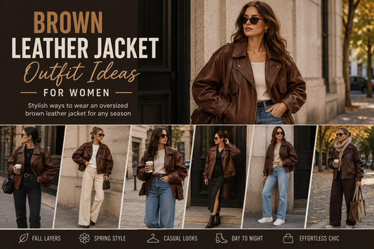 Woman wearing a brown oversized leather jacket with jeans