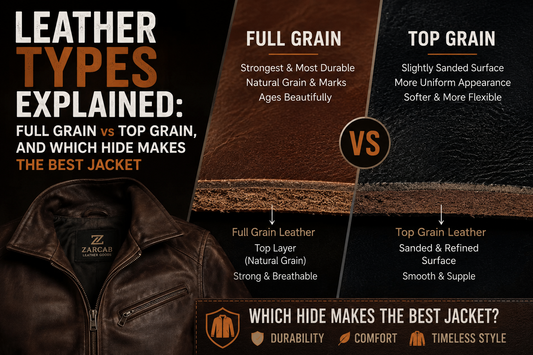 Full grain vs top grain leather types comparison guide - goatskin, lambskin, cowhide, and sheepskin textures