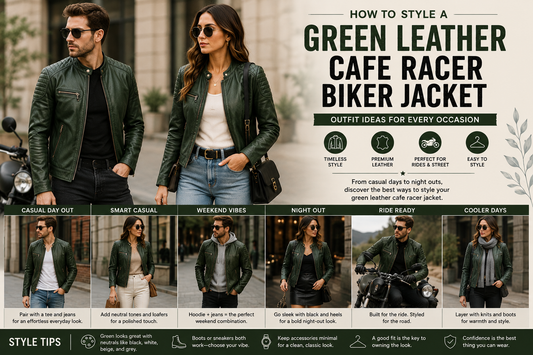 Green leather cafe racer biker jacket styling ideas for men and women