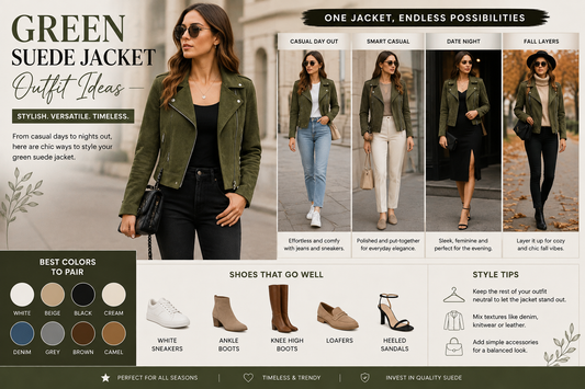 Green suede biker jacket outfit ideas for women featuring casual, smart casual, date night, and fall styling inspiration.