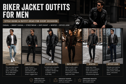 How to style a men's leather biker jacket with casual, smart casual, streetwear, date night, winter, and office outfit ideas.