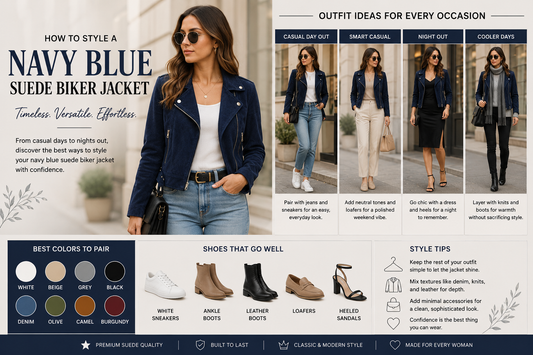 How to style a navy blue suede biker jacket with casual everyday outfit ideas