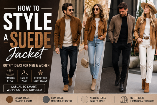 How to style a suede jacket with outfit ideas for men and women, including brown suede jackets, suede bomber jackets, and casual everyday looks.