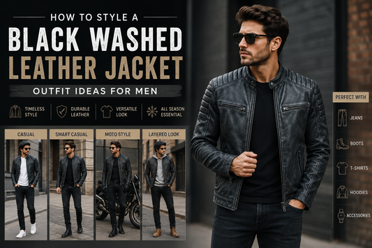 Men's black washed leather jacket outfit ideas with casual, smart casual, moto, and layered looks