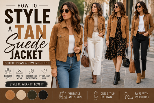 Women's tan suede jacket outfit ideas showing how to style a tan suede jacket for casual, smart casual, and winter looks.