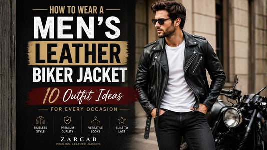 Men's black leather biker jacket styled with a white t-shirt and slim jeans for a casual outfit