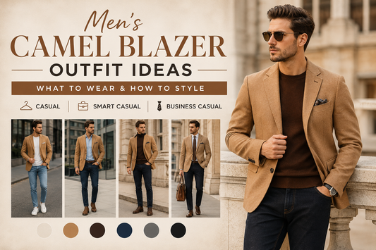 Three different camel leather blazer outfits — casual, smart casual, and evening — side by side