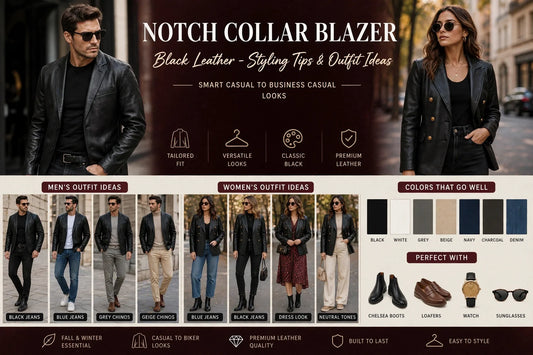 Men's and women's black leather notch collar blazer outfit ideas - smart casual and business casual styling guide