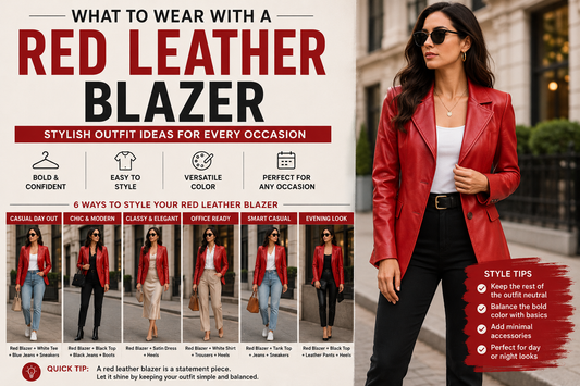 Red leather blazer outfit ideas for casual, office, and evening looks