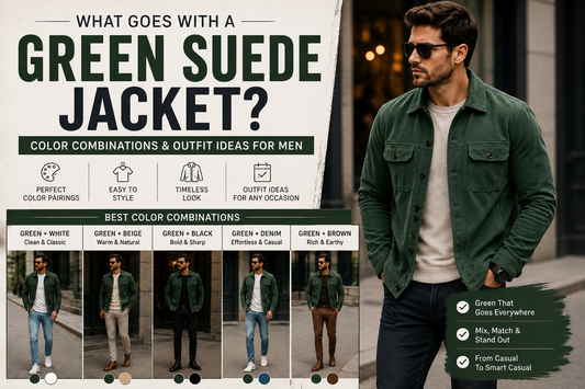 What goes with a green suede jacket — color combinations and outfit ideas for men including white, beige, black, denim, and brown pairings