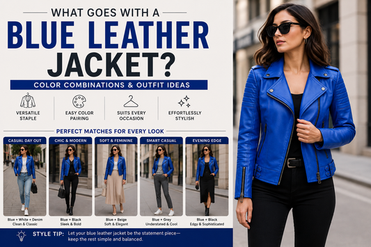 What goes with a blue leather jacket? Color combinations and outfit ideas for women.