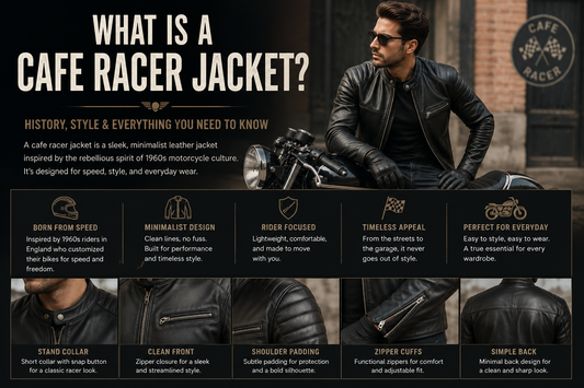 What is a cafe racer jacket? Classic black leather cafe racer jacket showing its minimalist design, stand collar, and motorcycle heritage.