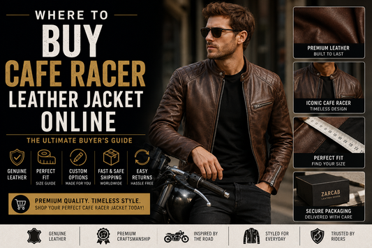 Man wearing a premium black cafe racer leather jacket, showing where to buy cafe racer leather jackets online.