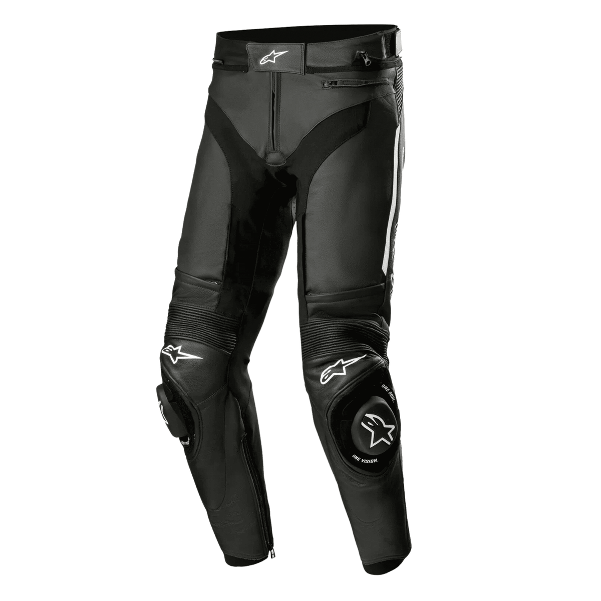 Black motorcycle pants with brand logo on a white background
