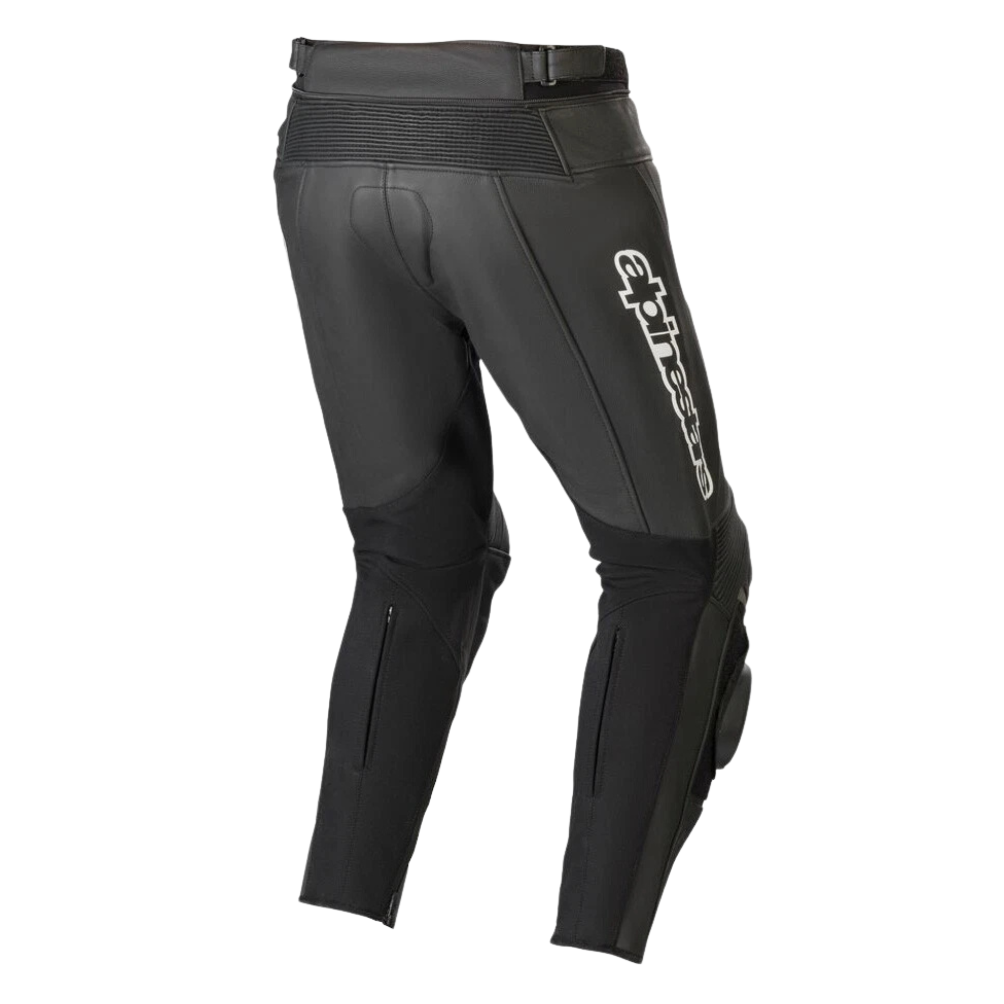 Black motorcycle pants with visible branding on a white background