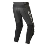 Black motorcycle pants with visible branding on a white background