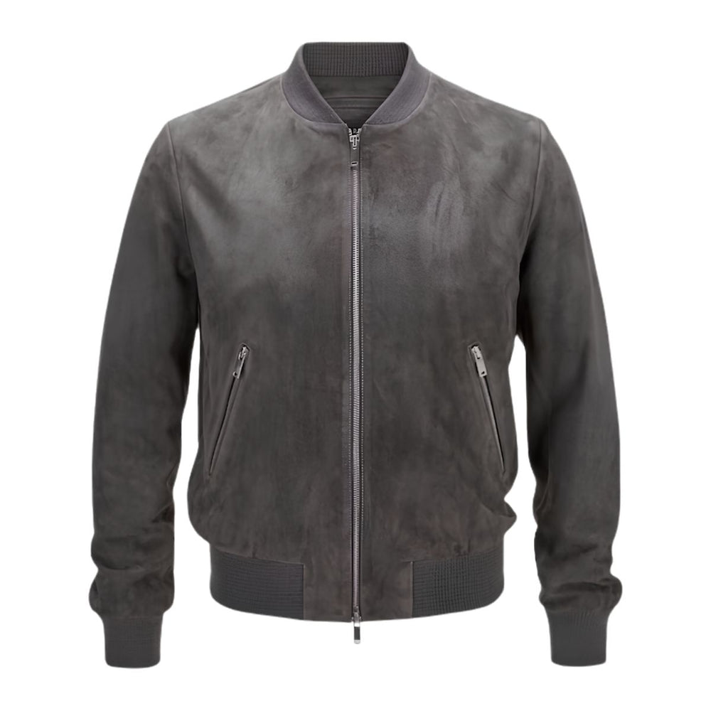 Men's gray suede bomber jacket, front view
